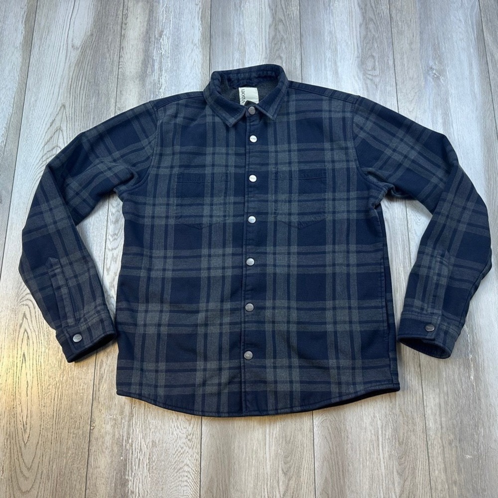Vuori Flannel Range Shirt Jacket Mens S Blue Gray Plaid Fleece Lined Shacket Men